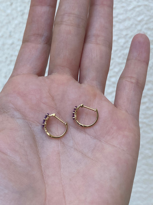 14k amethyst baguette diamond huggie earrings