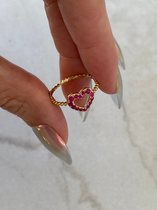 14K Natural Ruby Heart Bead Ring