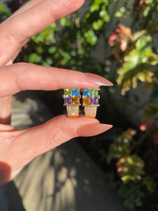 Vintage 14K Rainbow Gemstone & Diamond Omega Back Earrings