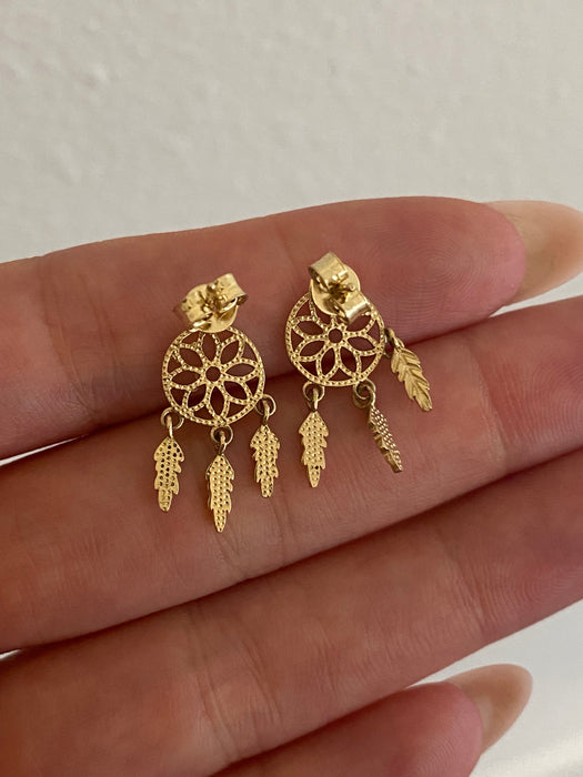 14K Gold Dreamcatcher Stud Earrings with Moving Feather Charms