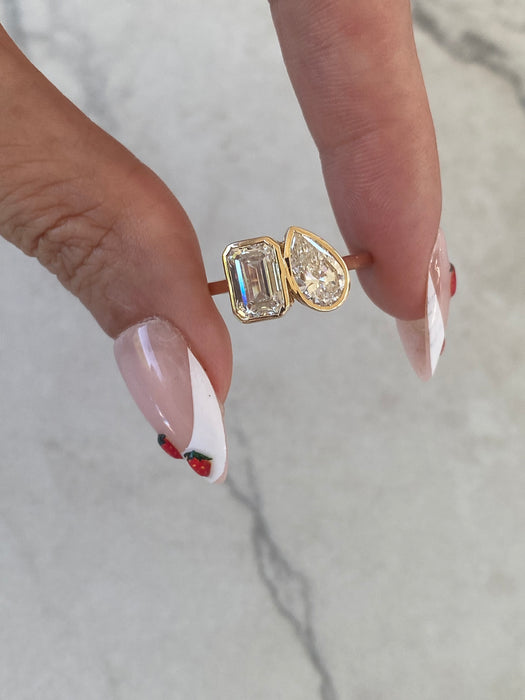 14K Gold 2.59 TCW Pear & Emerald-Cut Lab Diamond Toi et Moi Ring-IGI