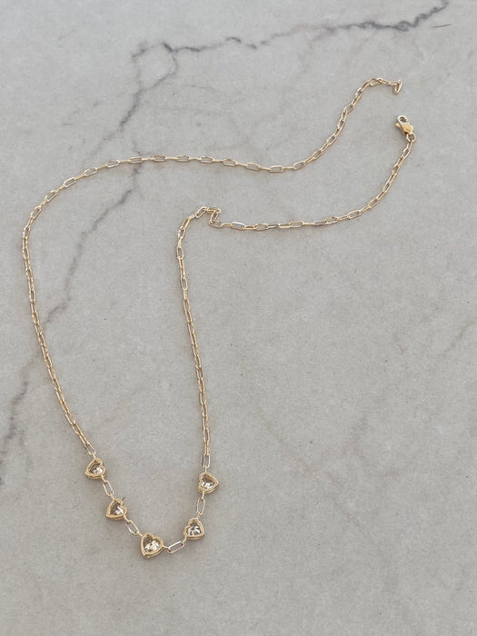 14K Gold Paperclip Necklace with 1.5 TCW Lab Diamond Heart Stations