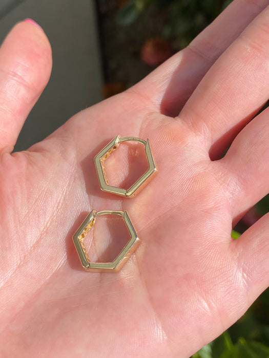 14k hexagon huggie earrings