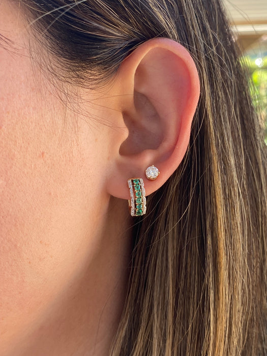 14K Gold Emerald & Diamond Huggie Hoop Earrings