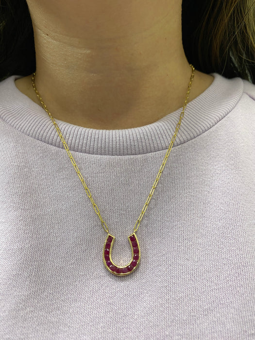 14k Gold Paperclip Necklace with Natural Ruby Horseshoe Charm – 2.08 TCW