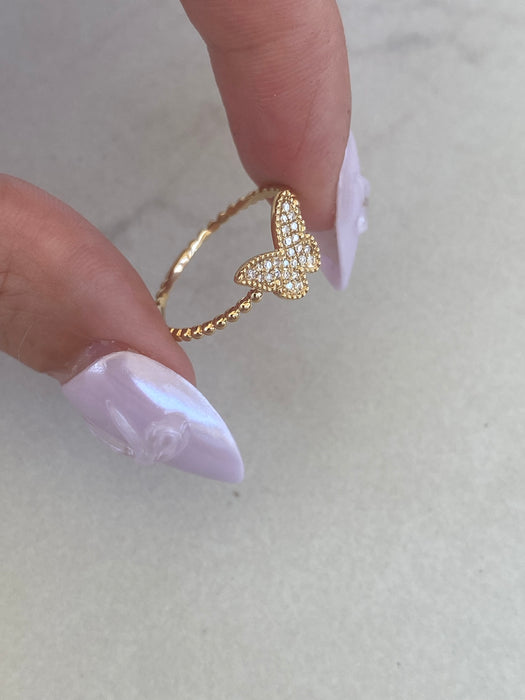 14K Gold Diamond Butterfly Bead Ring