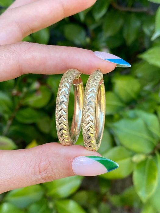 14k diamond cut textured hoop earrings