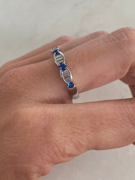 Vintage Platinum 900 Blue Sapphire & Baguette Diamond Band Ring | 0.72 TCW | Size 7.5
