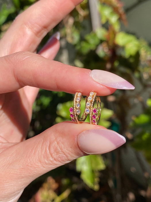 14K Gold Ruby & Diamond Huggie Earrings