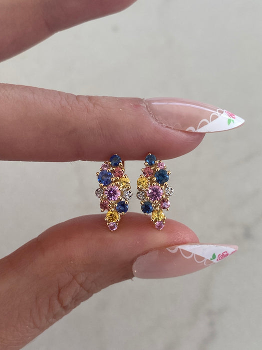 14K Rainbow Sapphire & Diamond Cluster Huggie Earrings | 1.10 CTW