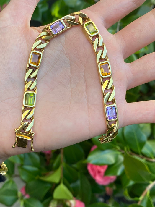 Vintage 14k Solid Gold Rainbow Gemstone Curb Bracelet | Emerald Cut Peridot Amethyst Citrine | 7”