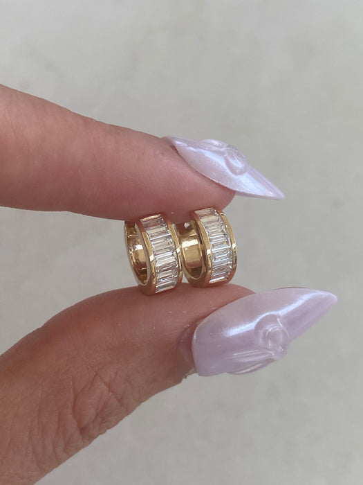 14K Gold Bezel Set Lab Diamond Emerald Cut Huggie Earrings – 1.7 CTW