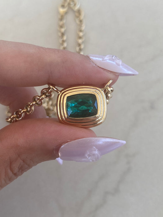 14K Gold 3.24 TCW Natural Blue-Green Tourmaline Rolo Necklace