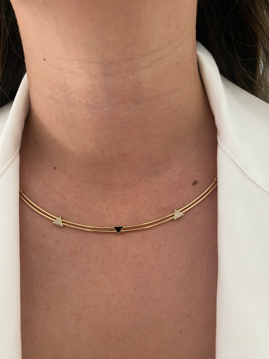 14K Gold Diamond & Black Onyx Torque Collar Necklace – 0.15 TCW Diamonds – Adjustable 15–17”