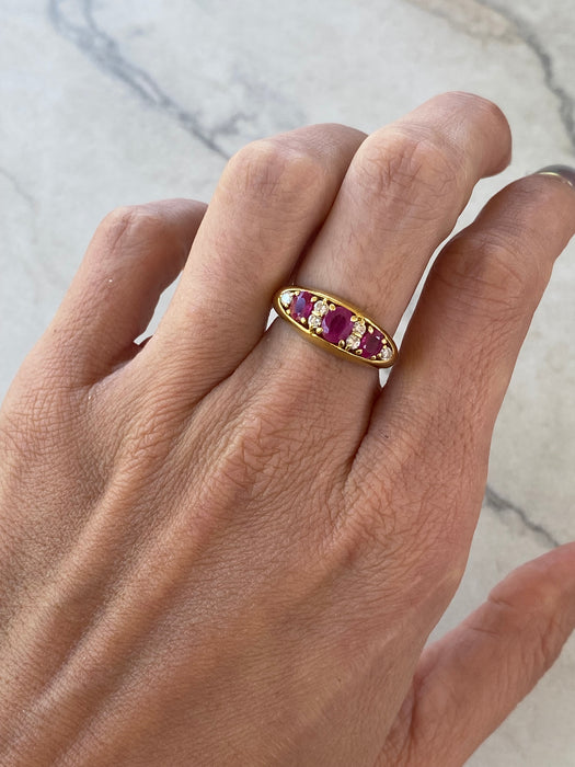 18K Gold Three-Stone Oval Ruby & Diamond Ring