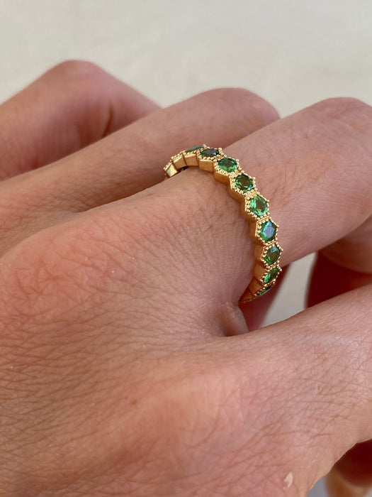 14K Gold Tsavorite Garnet Hexagon Eternity Ring with Milgrain Detail