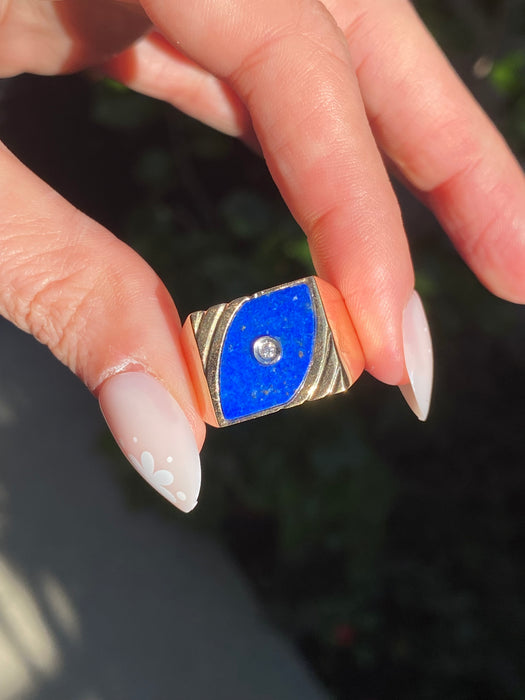 Vintage 14K Gold Lapis Lazuli Signet Ring with Diamond Center – Size 9.75