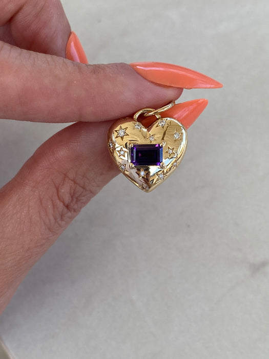 14K Gold Heart Charm with Diamond Star Accents & East–West Amethyst Charm