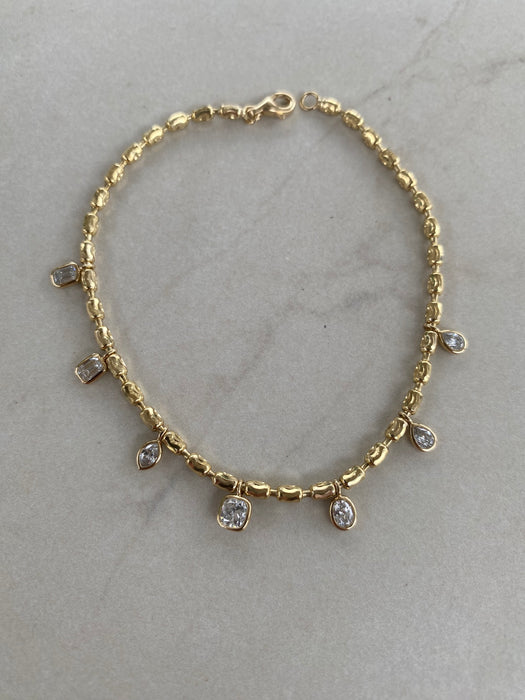 14K Gold Diamond-Cut Bead Bracelet with Lab Diamond Charm Drops