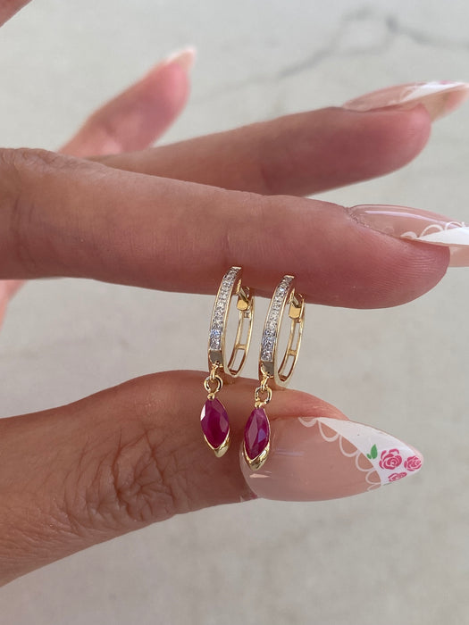 14K Gold Marquise Ruby & Diamond Huggie Earrings