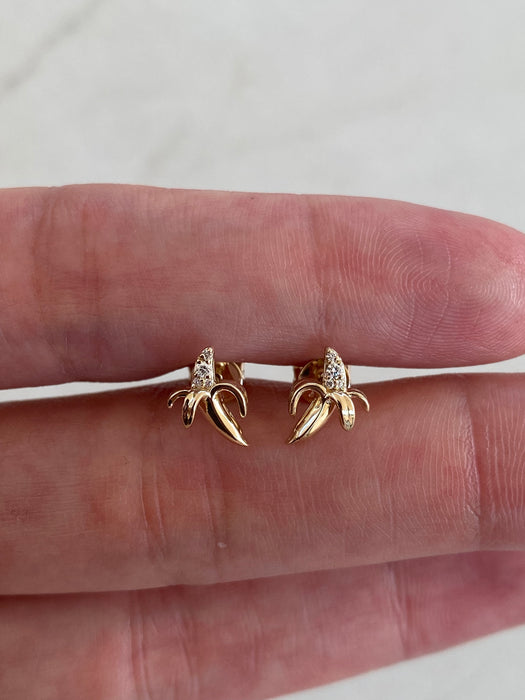14K Gold Diamond Banana Stud Earrings