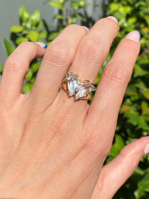14k carved blue topaz diamond butterfly ring size 6.75