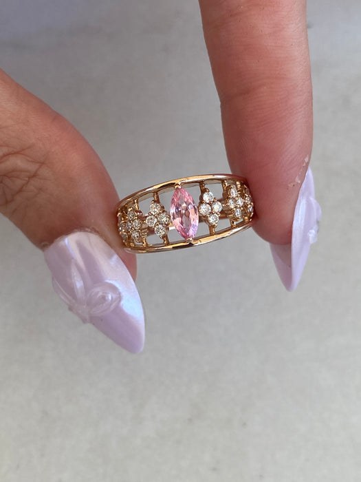 Vintage 18K Rose Gold Pink Sapphire & Diamond Floral Ring