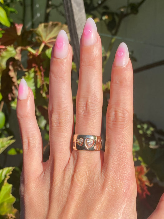 14K Gold Cigar Band Heart Cut Out Diamond Ring