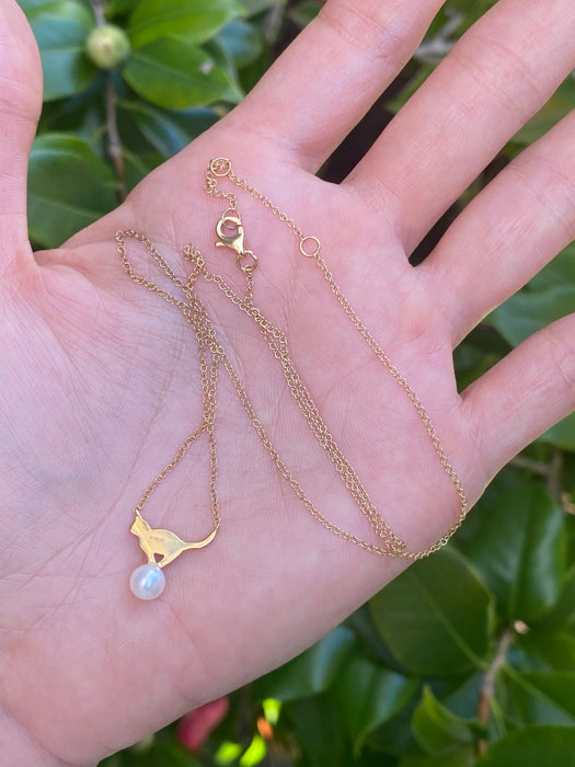 14k diamond cat pearl necklace