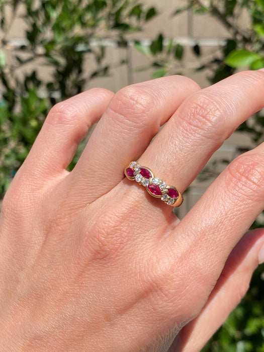 Vintage 18K Ruby and Diamond Swirl Ring – Marquise Rubies – 0.74 TCW Rubies – Size 6