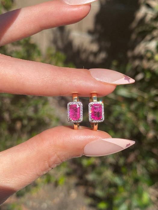 14K Gold Ruby & Diamond Huggie Earrings
