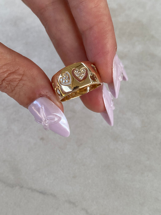 14K Gold Cigar Band Heart Cut Out Diamond Ring