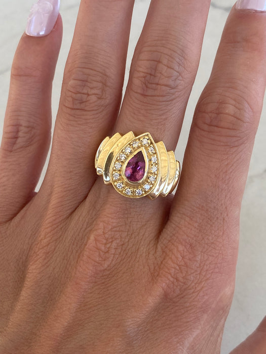 Vintage 14K Pink Pear Tourmaline & Diamond  Ring