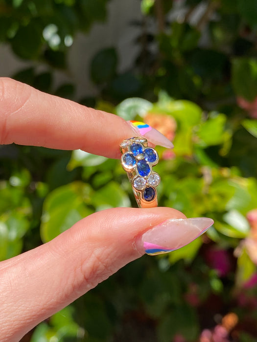 18k blue sapphire and diamond flower ring size 5