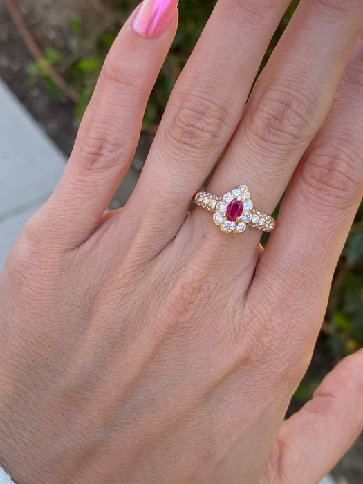 Vintage 18K Gold Ruby & Diamond Halo Ring