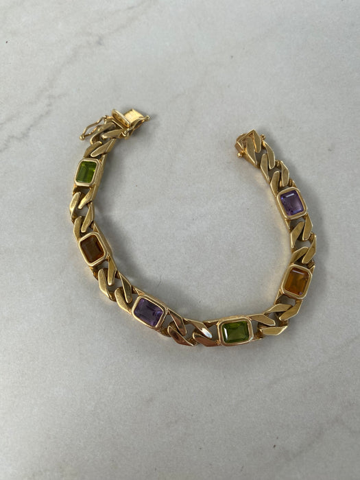 Vintage 14k Solid Gold Rainbow Gemstone Curb Bracelet | Emerald Cut Peridot Amethyst Citrine | 7”
