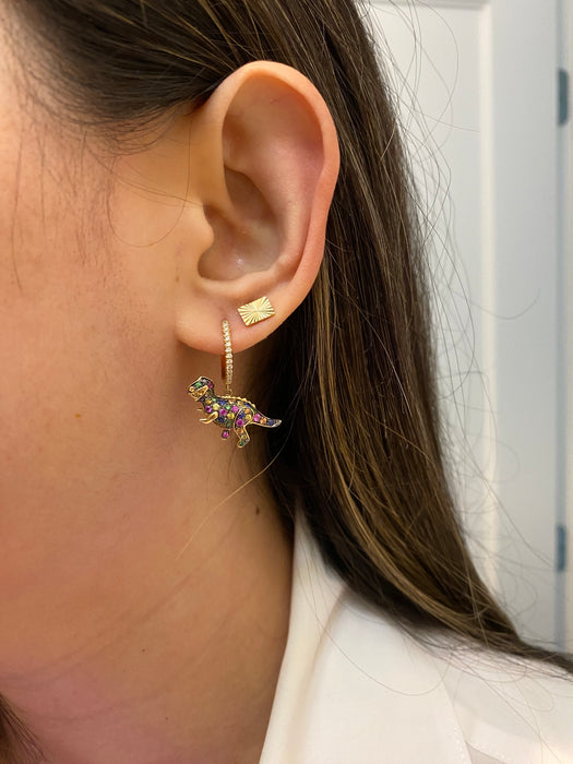 14k diamond rainbow sapphire T. rex huggie earrings