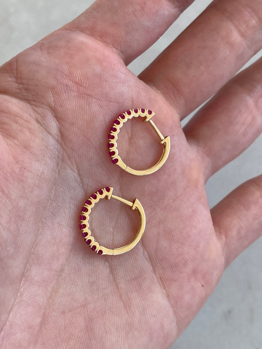 14K Gold Natural Ruby Huggie Hoop Earrings