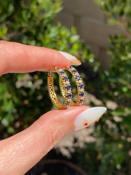 Vintage 14K Gold Blue Sapphire & Diamond Hoop Earrings