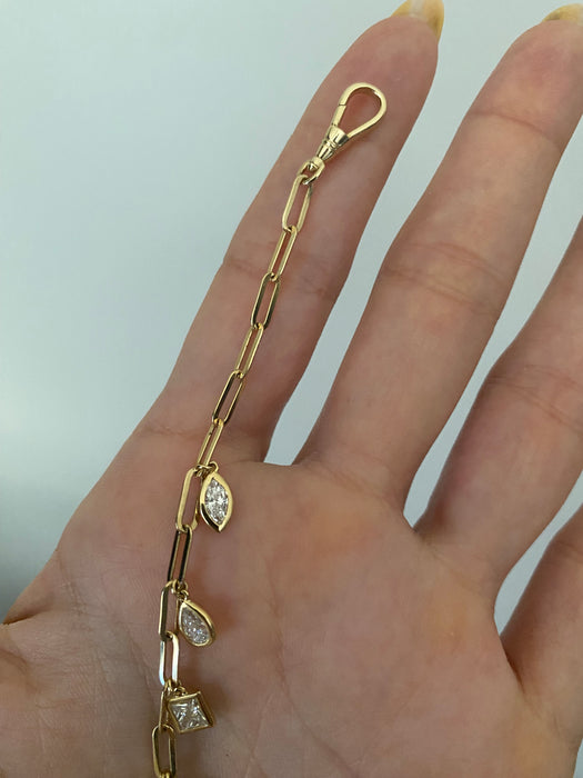 14k Gold Lab Diamond Bezel Charms Paperclip Bracelet With Dog Clip