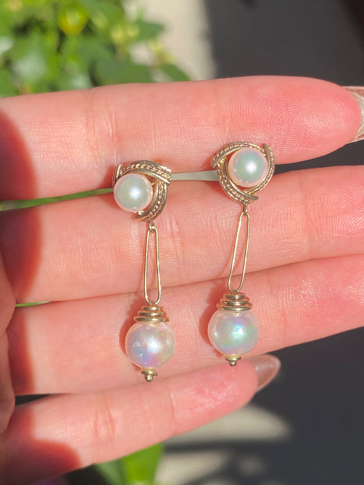 Vintage 14k Gold Double Pearl Rope Dangly Earrings