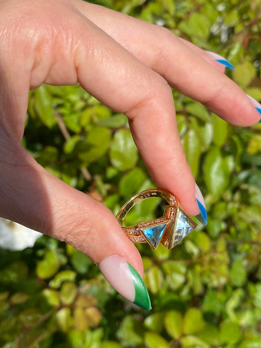 14k diamond aquamarine topaz trillion bypass ring size 6.5
