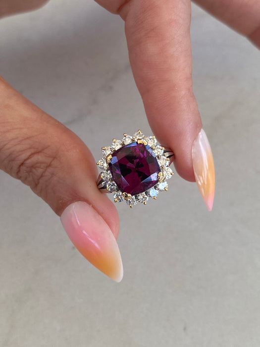 Vintage 18K & Platinum 900 Cushion-Cut Rhodolite Garnet & Diamond Ring