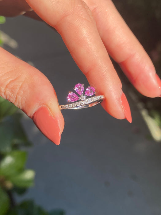 18k white gold pink sapphire diamond wavy ring size 6.5