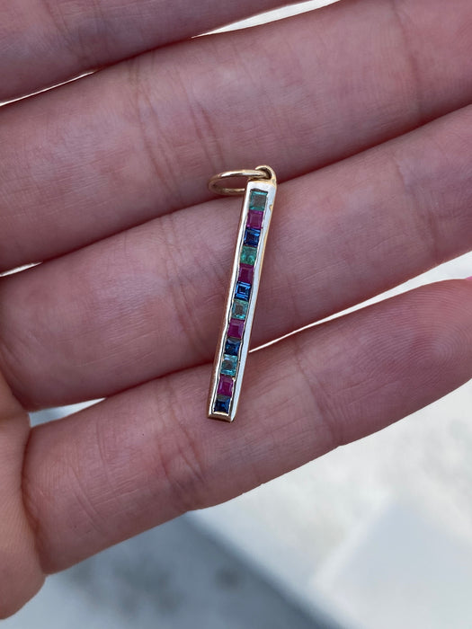 14K Gold Channel Set Emerald, Sapphire & Ruby Bar Pendant – 0.55 TCW Princess Cut Gemstone Pendant