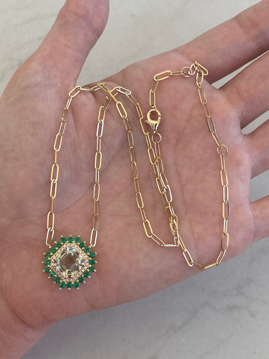 14K Gold Prasiolite, Diamond & Emerald Paperclip Chain Necklace