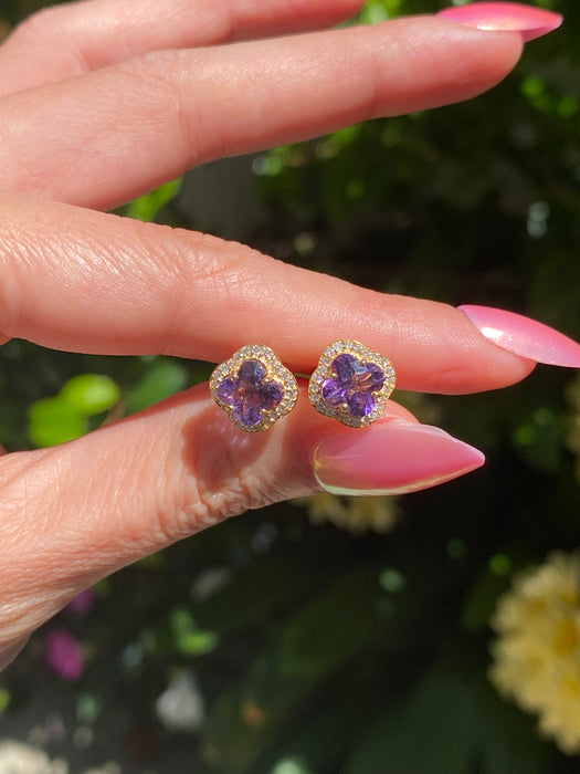 14K Gold Amethyst Clover & Diamond Stud Earrings – 2.11 CTW Amethyst, 0.27 TCW Diamonds