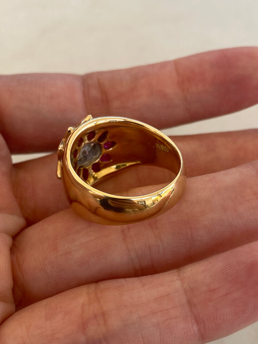 Vintage 18K / Platinum 900 Ruby & Diamond Sunburst Cigar Band Ring