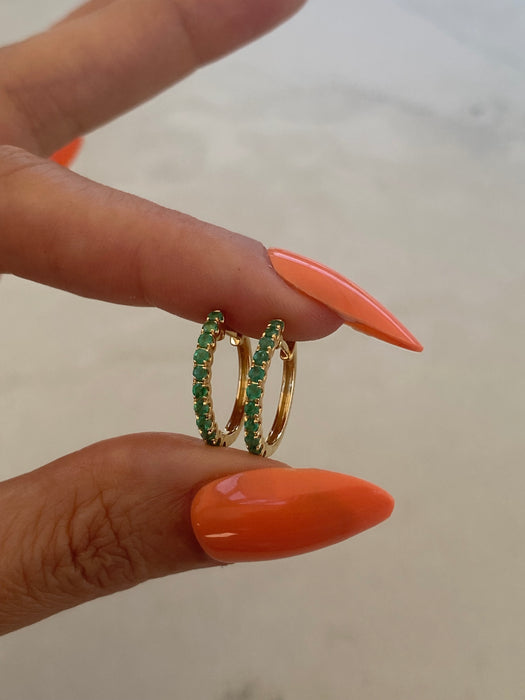 14K Gold Emerald Huggie Earrings
