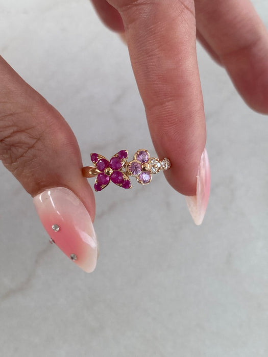 14K Rose Gold Ruby, Pink Sapphire & Diamond Flower Ring Size 7